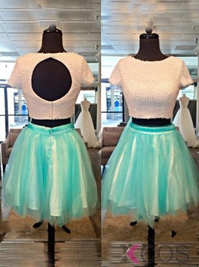 Simple-dress Handmade A-line White Pearl Capped Two-pieces Short 2015 Homecoming Dresses TUHD-70748