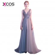 XCOS Sexy Side Split Prom Dresses 2018 Deep V Neck Backless Beads Crystal Party Gowns Sleeveless Sweep Train Party Dress