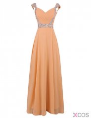 Fashion V-neck Beading Cap Sleeves Long Champagne Prom Dress