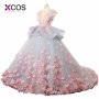 2018 Stunning With Sleeves Princess Flowers Puffy Prom Dresses Chapel Train Dinner Costume Evening Dress Party Dresses