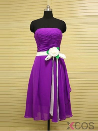 Exquisite A-Line Strapless Knee Length Purple Bridemaid Dress with Ruffles