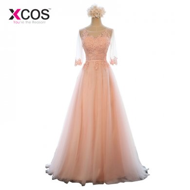 XCOS Elegant O-Neck A-Line Sweep Train Lace Evening Dress Cheap Prom Dresses Robe De Soiree Party Dress With Half Sleeves