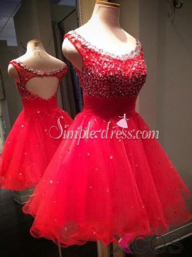 Simple-dress 2015 Modern A-line Scoop Sleeveless Mini Tulle Beading Red Homecoming Dress/Cocktail Dress/Party Dress TUHD-81160