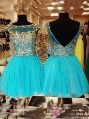 Simple-dress 2015 Fashion A-line Boat Neck Zipper-up Mini Tulle Appliques Homecoming Dress/Party Dress/Cocktail Dress TUHD-81162