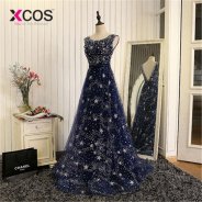 XCOS Elegant Bling Bling Silver Beading Ready To Ship Stock Dress Long Navy Blue Prom Dress Long Evening Gowns 2018 New Arrival