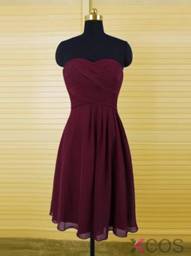 Classic A-Line Sweetheart Knee Length Burgundy Bridemaid Dress with Ruffles