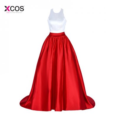 White And Red Prom Dresses 2018 Elegant Satin Halter Fake Two Pieces Formal Party Gowns Plus Size Custom Made