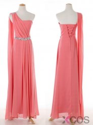 Simple-dress Elegant One-shoulder Beaded Long Chiffon Pink Bridesmaid Dress/Wedding Party Dress CHBD-70788