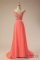 Elegant Watermelon Charming Long Chiffon Lace Prom Dresses