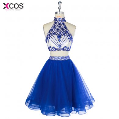 Royal Blue 2 Pieces Short Prom Dress Sexy Beaded Homecoming Dresses Halter Green Robe De Cocktail 2018