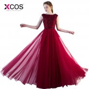 XCOS Lace Evening Dresses Women Appliques Scoop Waist Burgundy Wine Red 2018 Special Occasion Evening Dress Party Dress