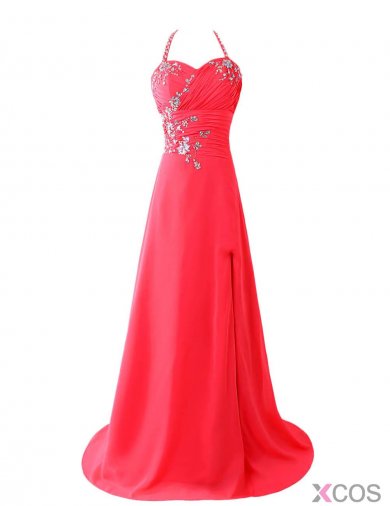 Gorgeous A-line Halter Chiffon Red Long Backless Bridesmaid/Prom Dress With Beading