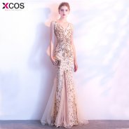 Romantic Mermaid Long Evening Dresses 2018 V Neck Gold Sequined Women Formal Prom Evening Gowns