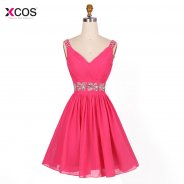 Short Elegant Chiffon V-Neck Crystals Beaded Cocktail Dresses 2018 for Evening Party Formal Knee Length Wedding Guest Dress