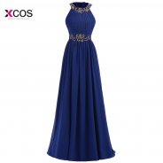 Blue O-Neck Chiffon Gold Beads Long Evening Dresses Sleeveless Appliques Pleat Robe De Soiree Formal Dress Sweep Train Prom Gown