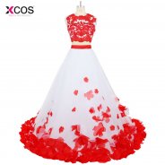 Abendkleider Two Pieces Red Lace Prom Ball Gown Petals Evening Dresses Robe de Soiree Formal Party Banquet Long Prom Dress