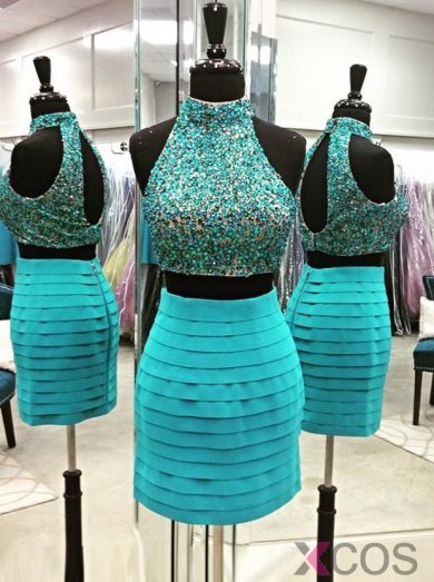 Two Piece Mermaid Prom Dress/Evening Dress - Blue High Neck Knee Length Beading