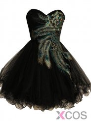 Simple-dress Princess Strapless Peacock Embroidery Black Chiffon Short 2015 Homecoming Dresses/Sweet 16 Dresses/Cocktail Dress TUPD-7412