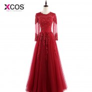 XCOS New Women Long Burgundy Evening Dresses Sexy Long Sleeve Lace Tulle Crystal Straight Formal Prom Dress Vestido De Festa