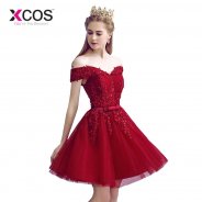 XCOS Sexy Red Lace Elegant Knee Length Prom Dresses 2018 New Arrived Women Beading A Line Evening Party Dress With Bow