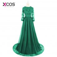 Vestidos De Festa 2018 Dubai Dark Green Muslim Evening Dresses with Long Sleeves Lace Appliques Prom Dresses A-Line Formal Gown