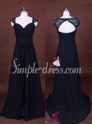 Elegant Long A-Line Chiffon Lace Cap Navy Blue Prom/Evening Dress