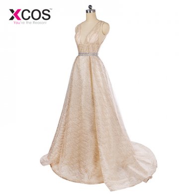 XCOS 2018 New Arrive Glitter Sequins Evening Dress vestidos de gala Long Champagne Party Gown Deep V Neck Sexy Prom Dress Arabic