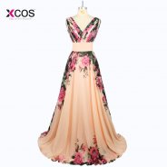 Cheap Long Evening Gown A Line Flowers Printed V Neck Evening Dress 2016 Floral Print Chiffon Party Prom Dresses