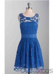 Hot Sale Royal Blue Scoop Lace Short Knee Length Bridesmaid Dress LABD-80058