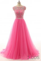 Hot Pink Beaded Long Zipper Modest Evening Prom Dresses ED0958