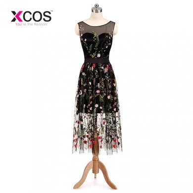 XCOS Real Sample Pretty Colorful 3D Flowers Leaf Black Tulle Short Prom Dresses for Girls Formal Gown 2018 Vestido De Festa