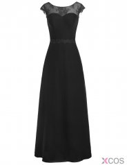 A-line Scoop Chiffon Cap Sleeves Long Black Prom Dress Evening Gowns With Appliques