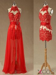 Beading Appliques Halter Lace Prom Dress-High Neck Red Removable Homecoming Dress LAPD-70911