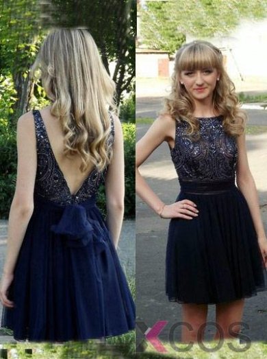 Simple-dress Gorgeous A-line Beaded Scoop Backless Tulle Navy 2015 Homecoming Dresses/Party Dresses TUHD-70753