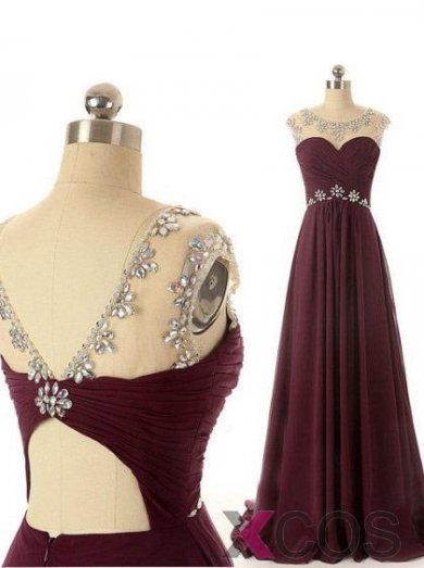 Scoop Sweep Train Open-back Chiffon Wine Red Long Prom Dress Evening Gowns With Beading