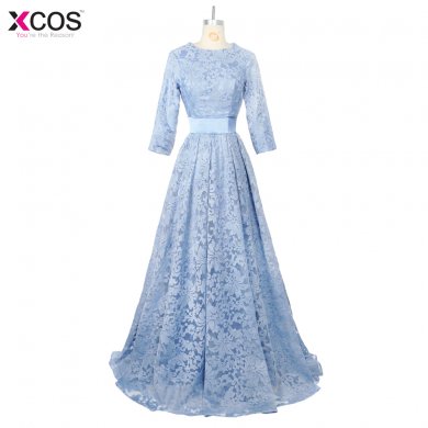 Baby Blue Prom Dresses with Sashes Floor Length Lace Formal Evening Party Gowns Long Sleeve Evening Dress 2018 vestidos largos