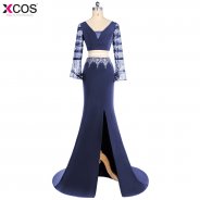 Real Picture Mermaid Satin V Neck Long Evening Dresses 2018 Cross Back Two Piece Beaded Slit Front Navy Blue Evening Dress