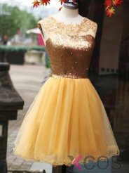 Simple Dress Pretty Beading Sequined Short Gold Tulle Prom Dresses/Homecoming Dresses TUPD-7155