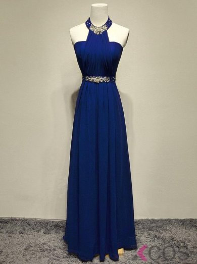 Simple Dress Unique Design Beading Halter Royal Blue Floor-length Chiffon 2015 Prom Dresses/Evening Dresses CHPD-7011