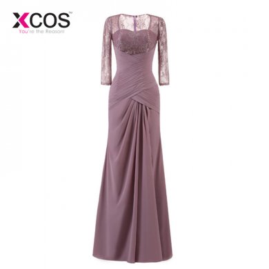 XCOS Long Evening Dress Elegant Lace Pleat Bride Banquet Floor-length Prom Gown lavender Purple Vintage Wedding Party Dress