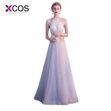 XCOS White Prom Dresses 2018 Halter Gold Appliques Long Evening Gowns for Women Special Occasion Dress Elgant vestido longo