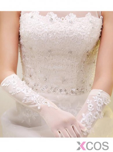 White Sheer Elbow Length Fingers Bridal Gloves With Appliques