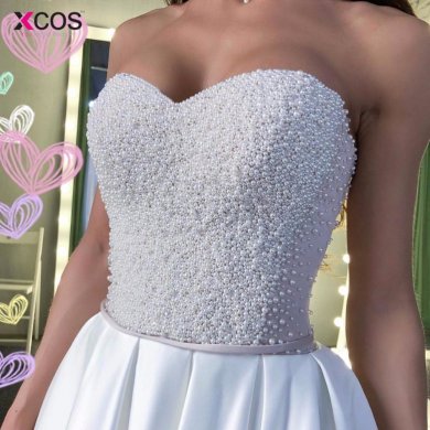 XCOS Fashion White Pearl Wedding Dresses 2018 A Line Sweetheart Custom Made Ivory Bridal Dress Floor Length vestido de novia