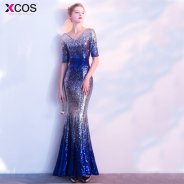 Real Photo Robe De Soiree New Evening Gowns vestidos de baile Stock Gradient Silver Blue Mermaid Prom dresses 2018