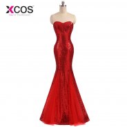 XCOS Silver Red Sequin Prom Dress Mermaid Evening Gowns Sweetheart Floor Length Occasion Dresses for Women vestido de gala 2018