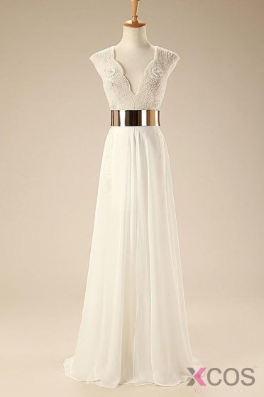 Deep V Neck Cap Sleeves White Chiffon Gold Belt Summer Beach Wedding Dress WD0106