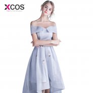 XCOS Silver Off the Shoulder High Low Prom Dresses 2018 Elegant Formal Evening Gowns for Girls Flowers vestido de gala