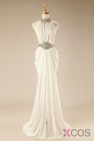 Charming Elegant White Halter Beaded Chiffon Long Prom Dresses OK26