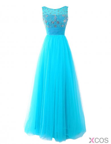 Fashion Scoop Beading A-line Long Prom Dress Formal Evening Gown With Sash