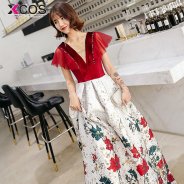 Elegant 2018 New V Neck Prom Dresses with Floral Print Pattern Cap Sleeve Long Graduation Gowns Red Evening Prom Dress